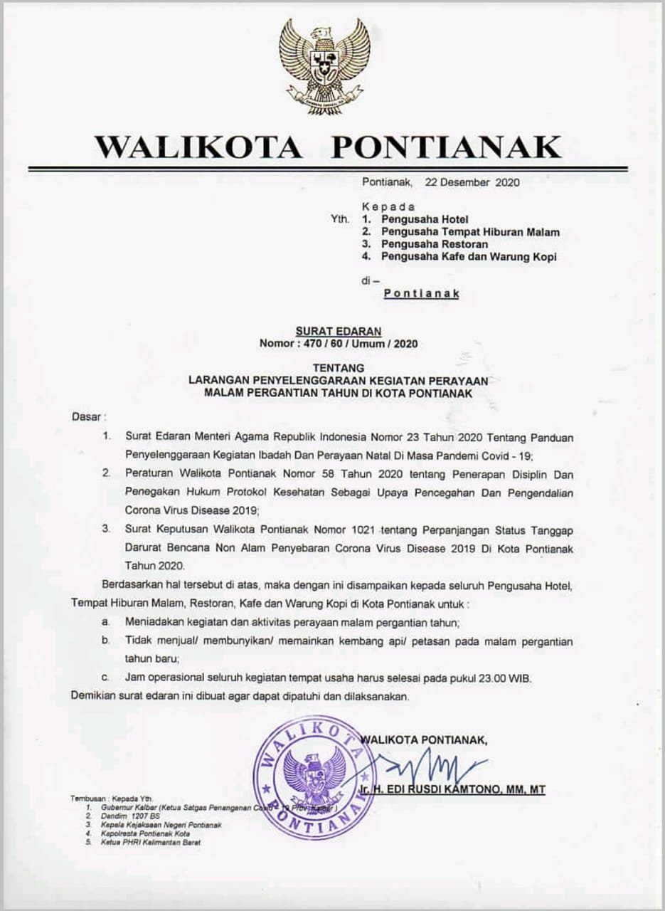 Wali Kota Pontianak Terbitkan Surat Edaran Larang Perayaan Tahun Baru