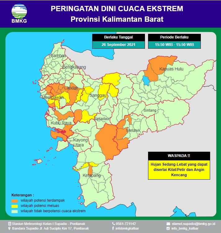 BMKG: Kalbar Berpotensi Hujan Sedang Hingga Lebat diserati Petir dan Angin Kencang